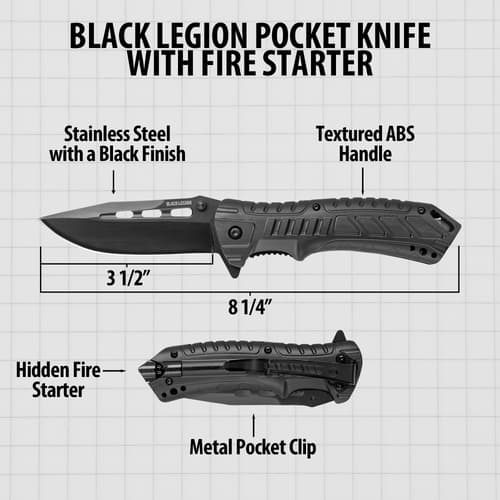 Black Legion knife chart showing a 3.5-inch blade, 8.25-inch open length, textured ABS handle, hidden fire starter and metal pocket clip