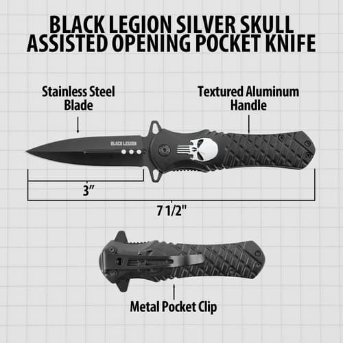 Diagram of Black Legion Silver Skull pocket knife with blade length, handle features, and pocket clip annotations