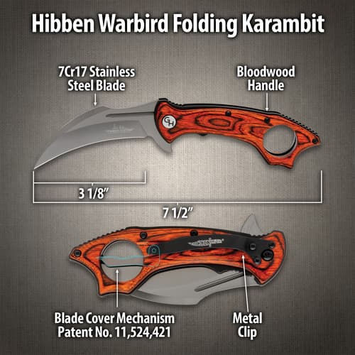 Diagram of folding karambit knife with dimensions and features