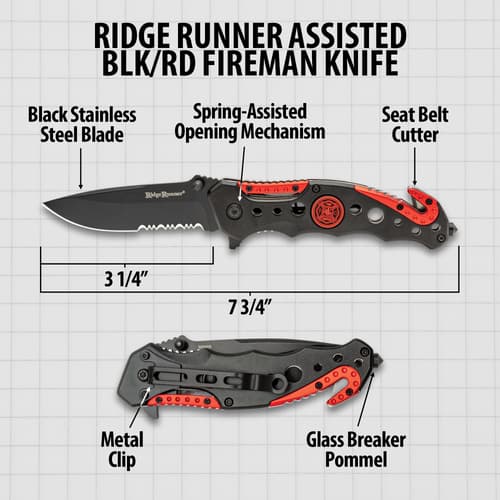 Diagram of Ridge Runner Fireman Knife with features labeled