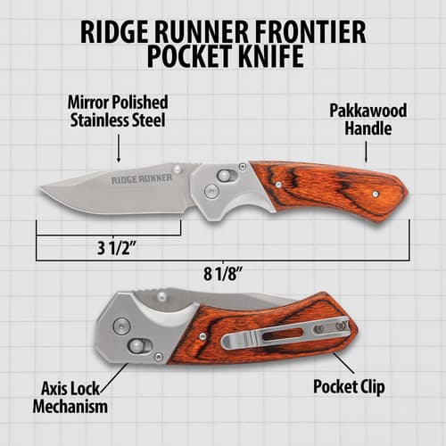 Ridge Runner pocket knife with dimensions and features labeled