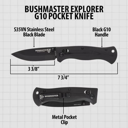Diagram of Bushmaster Explorer G10 pocket knife with dimensions