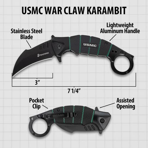 USMC War Claw Karambit knife with dimensions and features labeled