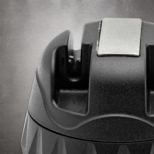 Close-up of the Max Edge sharpener's metal alloy blades in slot 1 beside the finishing strip