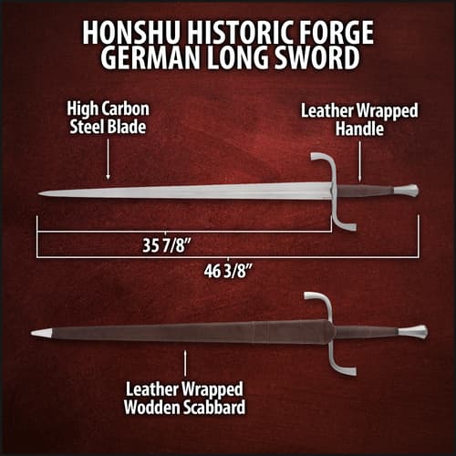 Zoomed view of the point of the 1065 carbon steel blade of the Honshu Historic Forge German Long Sword.