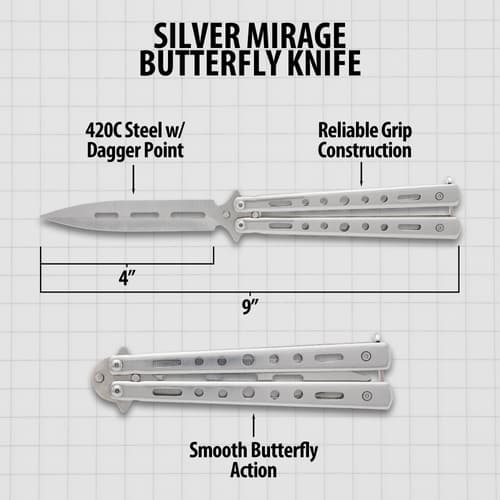 Diagram of silver butterfly knife with measurements and features
