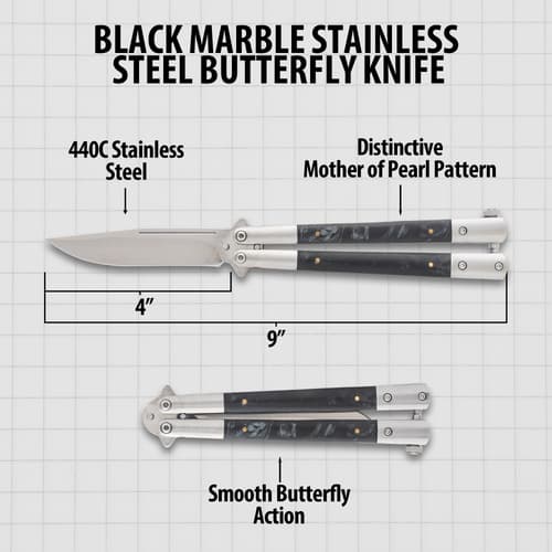 Diagram of black marble butterfly knife with measurements