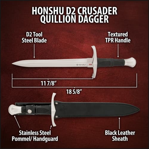 Honshu D2 Crusader Quillion Dagger with sheath and dimensions