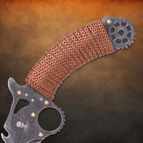Close-up of paracord-wrapped handle with gear detail