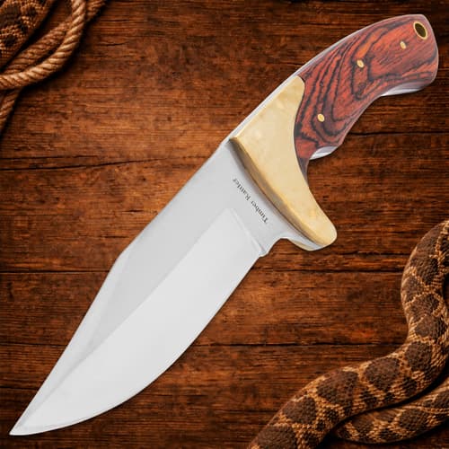 Close-up of knife with wooden handle on wooden background