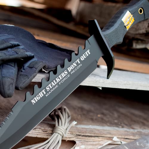 Knife with serrated edge next to gloves and rope