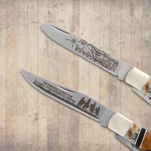 Two engraved knife blades on wooden background