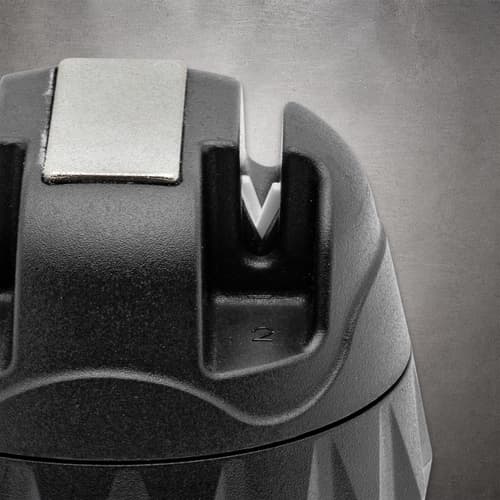 Close-up of white V-shaped ceramic rods in slot 2 of the Max Edge knife sharpener