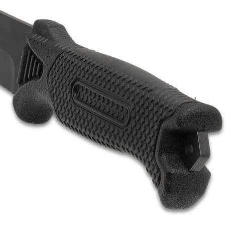 Close-up of textured black knife handle