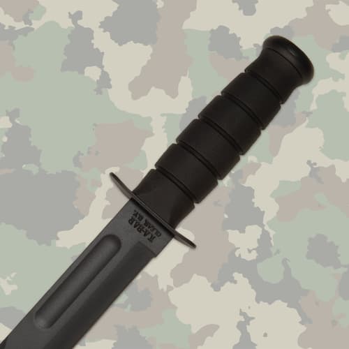 Close-up of black KA-BAR knife handle on camo background