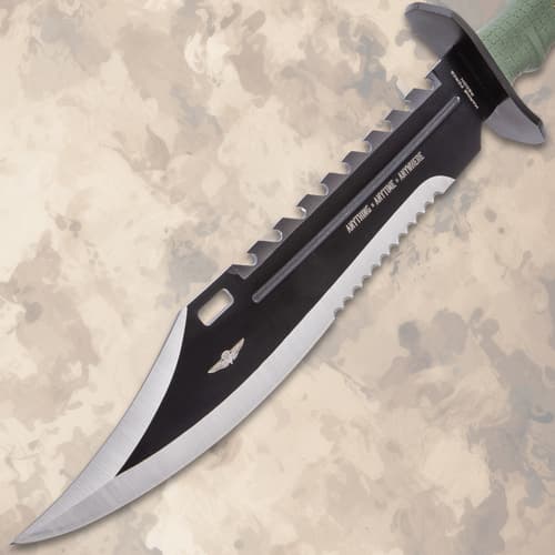 Bowie knife blade with sawback spine and engraved text