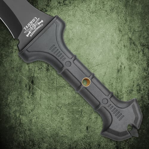 Close-up of a black sword handle with a textured grip