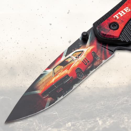 Knife blade featuring a car illustration