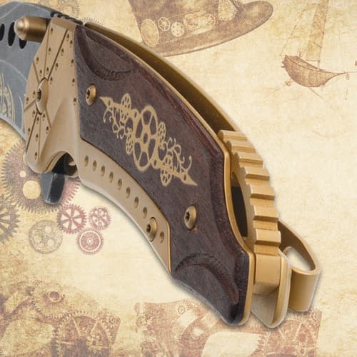 Close-up of steampunk knife handle with wood and brass details