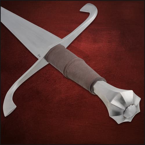 Full view of the Honshu Historic Forget German Long Sword with 1065 carbon steel blade, black leather wrapped grip, and decorative guard.