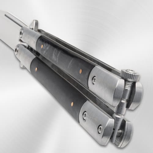 Close-up of butterfly knife handle and locking mechanism