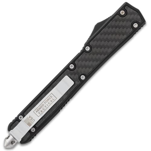 Back view of black tactical knife with pocket clip