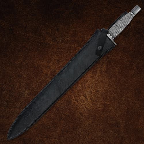 Black leather sheath with sword handle visible