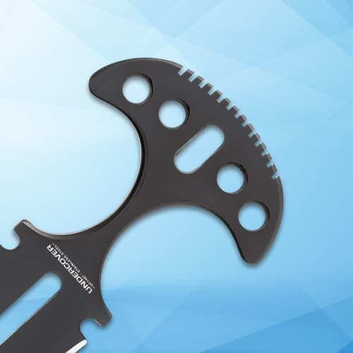 Close-up of a black dagger handle on blue background