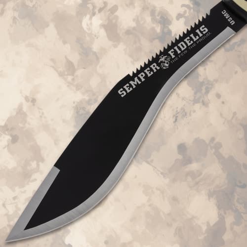 Blade of USMC kukri knife with 'Semper Fidelis' text