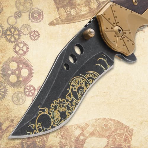 Blade of steampunk knife with gear engravings on vintage background
