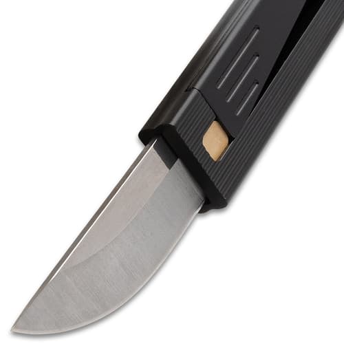 Close-up of the knife's silver blade and black handle
