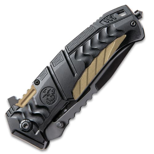 Closed black tactical knife with textured handle