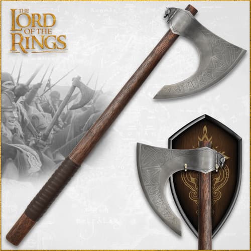 The Lord of the Rings Rohan Axe shown with and without its display plaque