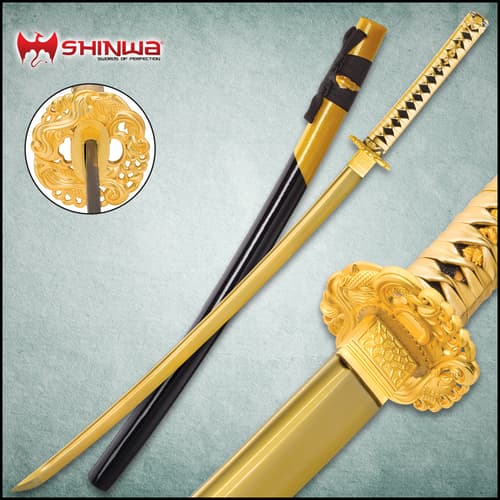 Shinwa Golden Knight Katana Sword with Wooden Scabbard - 1045 High Carbon Steel - Genuine Ray Skin