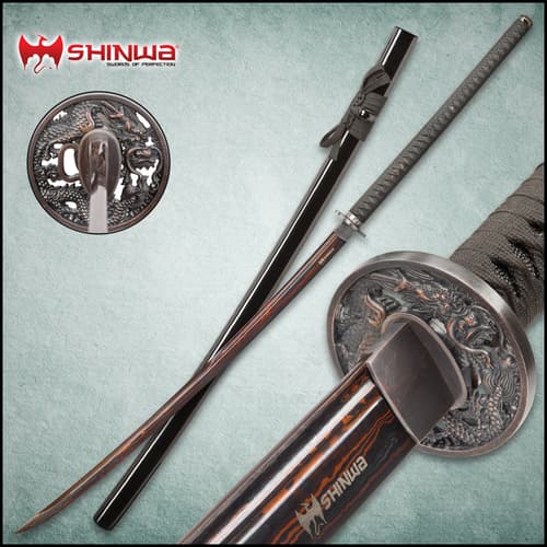 Shinwa Colossus odachi laid next to lacquered black scabbard with detailed views of the dragon tsuba and ornate pommel.