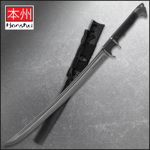 The Honshu Damascus Sub-hilt Wakizashi comes with a black wooden scabbard