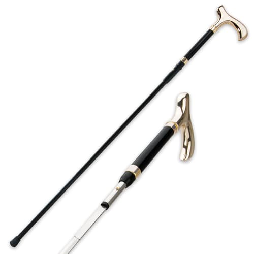 The black metal cane shaft matches the black and gold detailing of the handle.