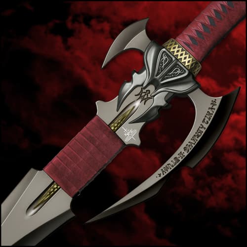 The fantasy sword has a handle grip wrapped in genuine maroon leather and the hilt and guard are sculpted metal