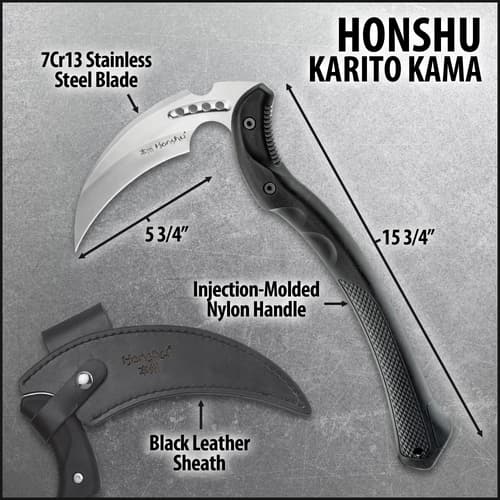 It has a 9”, full-tang 7Cr13 stainless steel, curved blade with a 5 3/4”, razor-sharp edge with weight-reducing thru-holes