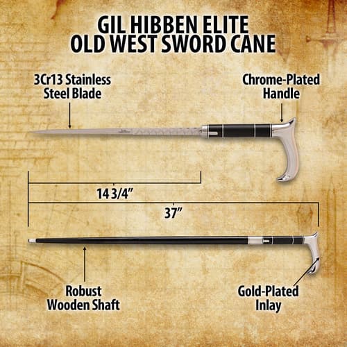 Measuring 36 1/2", the sword cane is made of cast metal with chrome handle grip and gold plated inlay with file work on the blade.