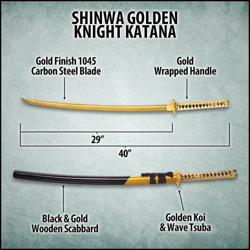 Shinwa Golden Knight Katana Sword with Wooden Scabbard - 1045 High Carbon Steel - Genuine Ray Skin