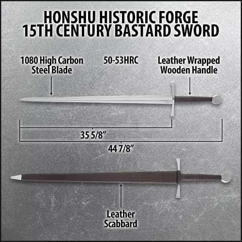 A detailed view of the Honshu Historic Forge 15th Century Bastard Sword's 1065 carbon steel blade with piercing point.