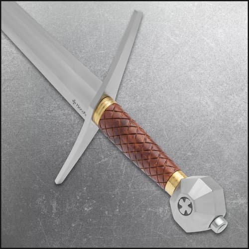 Full view of the Honshu Templar Sword with 1065 carbon steel blade and brown checkered pattern handle.