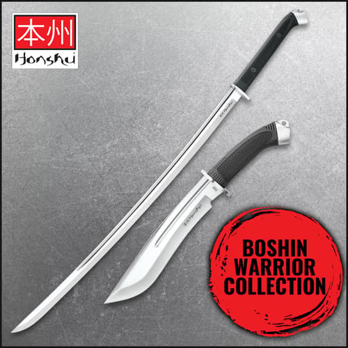 Two Honshu Boshin swords on a textured background