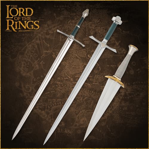 Three swords from The Lord of the Rings on a map background