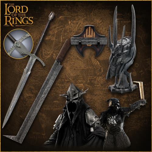 Collection of Lord of the Rings weapons and armor on a map background