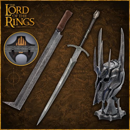 Two swords and a spiked helmet on a Middle-earth map background