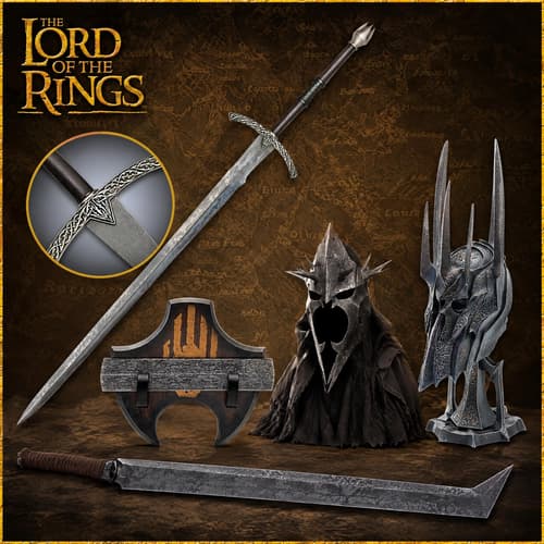 Collection of Lord of the Rings swords and helmets on a map background