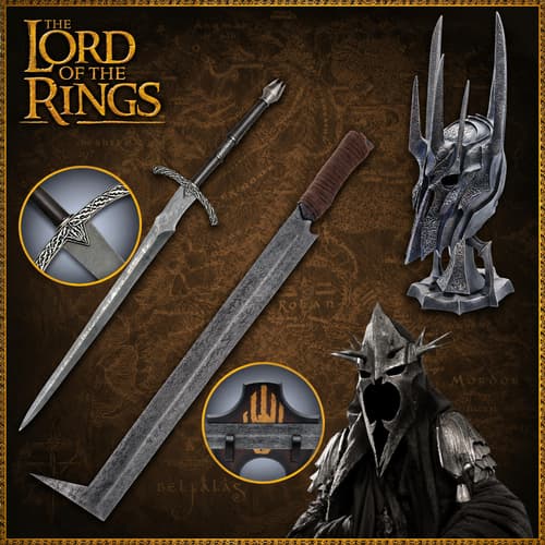 Collection of swords and helmets from The Lord of the Rings on a map background