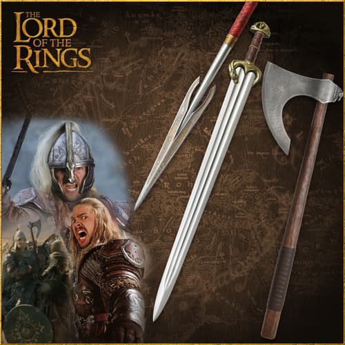 Collage of Rohan warriors and weapons on a map background